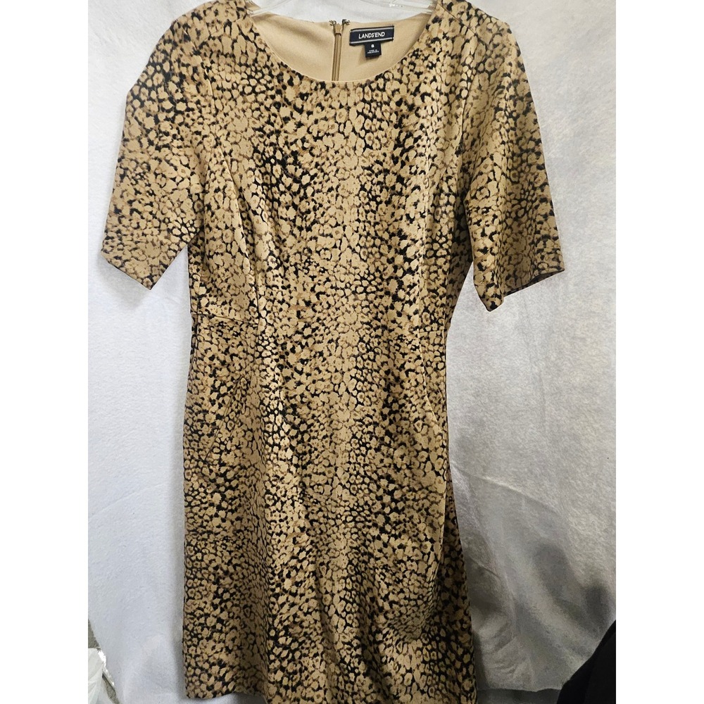 Lands End Womens Size 8 Leopard Print Sheath Dress Tan Black Short Sleeve